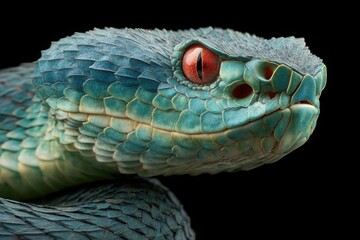 Fototapeta premium Close up macro shot of a vibrant blue pit viper snake with striking red eyes against a stark black background
