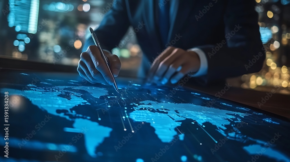 Poster analyzing global data with a world map and city connection points