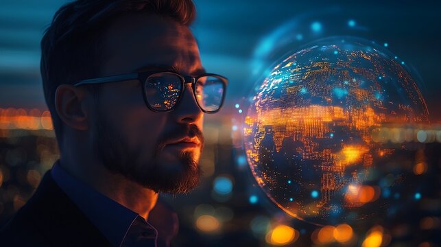 Man Staring at Digital Globe Reflecting Cityscape with Futuristic Technology - Powered by Adobe