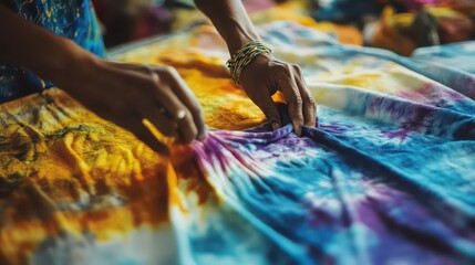Hands arranging vibrant tie-dye fabric with yellow, purple, and blue hues