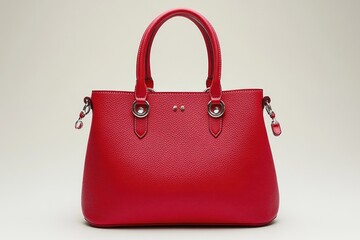 Classic structured tote with double top handle, red leather & silver hardware, simple design