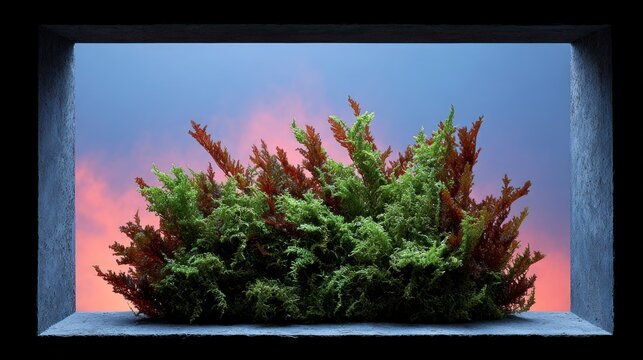 Dense green and red foliage viewed through a stone frame against a colorful twilight sky