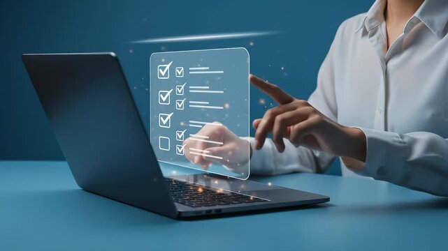 Young woman in a white shirt checking off tasks on a holographic to-do list.
