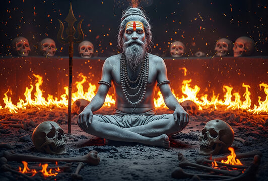 Aghori Sadhu Meditating Amidst Fire and Skulls &ndash; Ascetic Ritual Scene.
Dark and mystical digital artwork of an Aghori Sadhu seated in a deep meditative pose, surrounded by blazing fire, human skulls, 