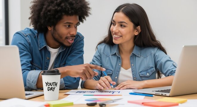 A man and woman brainstorming and discussing financial data, a youth day coffee cup is on the desk. Happy diverse students study and work. Celebrating International Youth Day. - Powered by Adobe