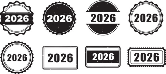 Black and white 2026 year seals and stamps collection, 2026, year, new year, celebration, seal, stamp, badge, emblem, label, sticker, graphic, design, icon, symbol, vintage, retro, grunge, textured, b