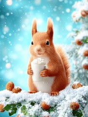 A cute squirrel holding a drink surrounded by snow and nuts.
