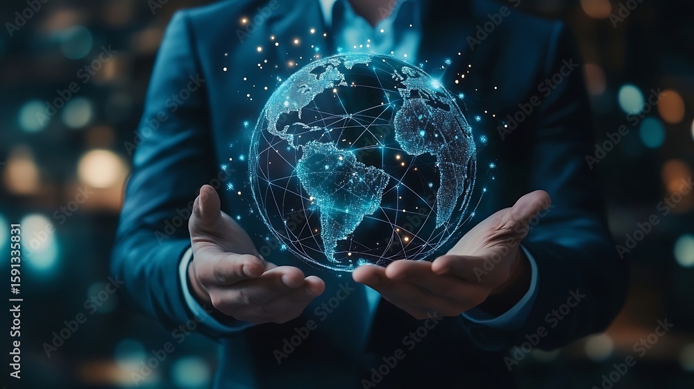 Poster holding digital globe connected by network lines representing global communication