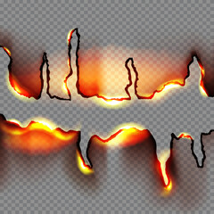 Realistic texture of charred edges with flame elements on transparent background. Vector design element for website design, social networks, advertising materials, games