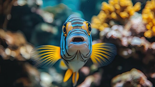 A fish with a surprised expression, against a vibrant coral reef backdrop in clear, focused detail - Powered by Adobe