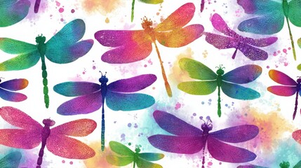 Vibrant Watercolor Dragonflies in a Colorful Chaotic Arrangement
