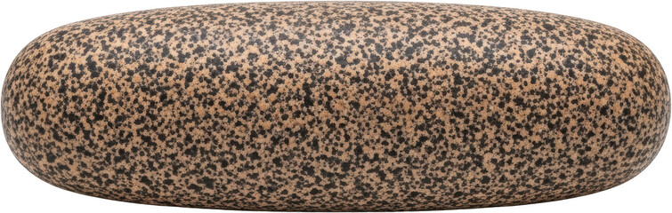 Smooth oval pebble with speckled tan and black texture isolate stone rock