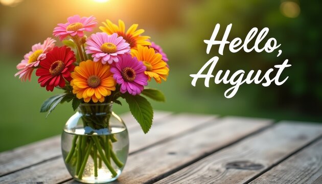 Bouquet of colorful summer flowers in glass vase on wooden table with blurred green background and warm sunlight. Inscription Hello, August. Seasonal greetings and social media.