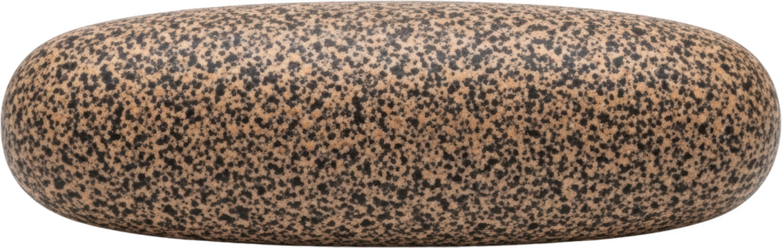 Smooth oval pebble with speckled tan and black texture isolate stone rock