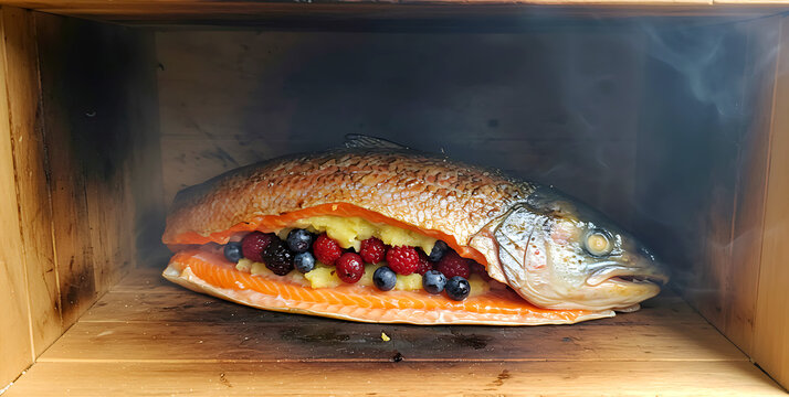 Alaskan Salmonberry Fish (USA). salmon stuffed with wild berries cooking in bear fat, indigenous cedar box oven 