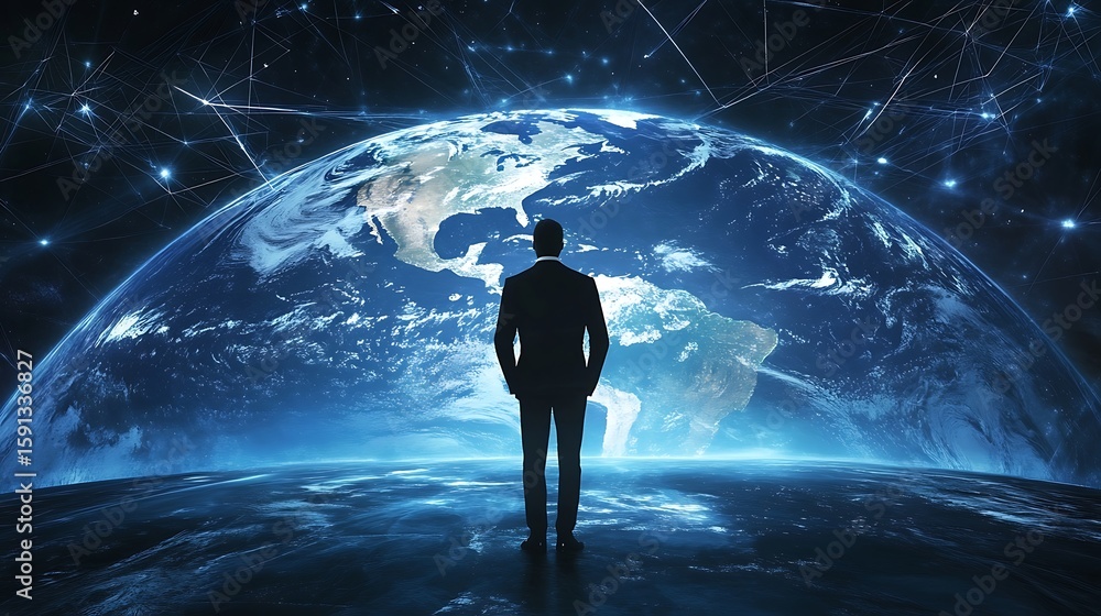 Poster man looking at earth globe with digital network connection overlay