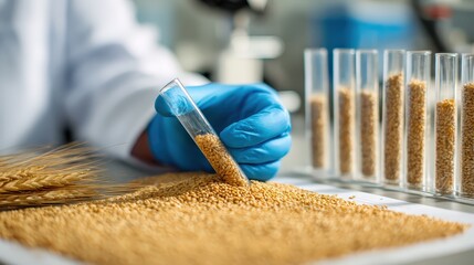 Scientist Hand Holding Test Tube with Grain Samples in Laboratory Setting