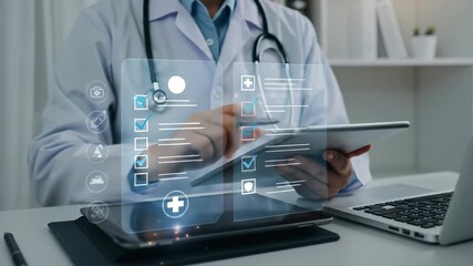 Doctor using digital tablet to manage patient data and health records with virtual interface and stethoscope - Powered by Adobe