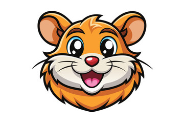 Happy cartoon hamster head displays orange fur and a wide open mouth against white