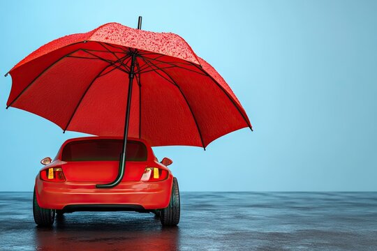 Red car sheltered by large red umbrella on wet ground against a light blue background