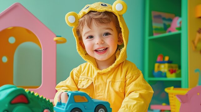 A joyful child in a bright outfit playing with toys in a colorful room. AI. - Powered by Adobe