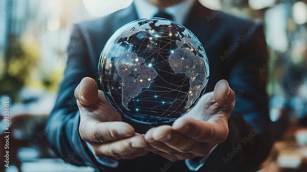 Poster holding a glowing globe representing global network and business connection