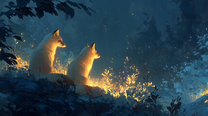 Bioluminescent Firelight Foxes in a Mystical Night Forest