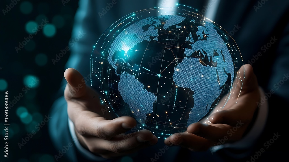 Poster holding digital globe networking visualization concept in hand with dark background