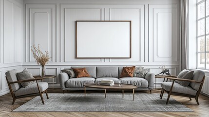 Stylish living room interior with gray couch and armchairs.