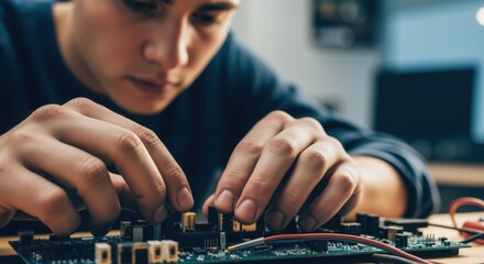 Fototapeta premium Close up of a young man working on a circuit board, a student learning electronics, for International Youth Day.