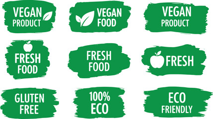 Green brush stroke labels with vegan fresh food and eco friendly text, vegan product, vegan food, fresh food, gluten free, 100 percent eco, eco friendly, green label, white text, brush stroke, organic