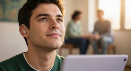 Young man with hearing aid looking up with hopeful expression holding a digital tablet. International Youth Day concept.