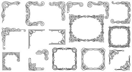 Collection of classic ornamental corner and border designs, perfect for vintage invitations, certificates, and elegant graphic design projects.