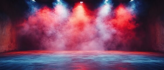 Room with spotlights and fog, red, blue light, concrete floor, creates a dramatic effect