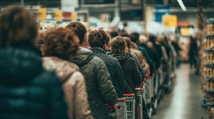Long Queue of People Waiting in Grocery Store Line with Shopping Carts in Indoor Market