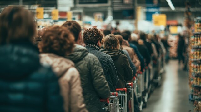 Long Queue of People Waiting in Grocery Store Line with Shopping Carts in Indoor Market