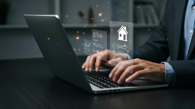 Businessman typing on a laptop, analyzing real estate data with holographic interface displaying house icon and charts - Powered by Adobe