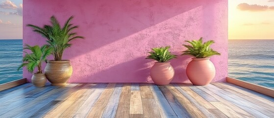 Pink seaside balcony with plants