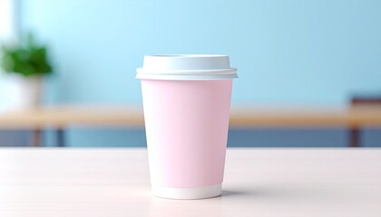 A pink disposable coffee cup with a white lid sitting on a clean white table, ideal for a morning beverage mockup against a soft blue background.