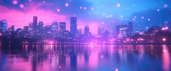 Skyline reflects on water at night with a neon hue. Shimmering lights float