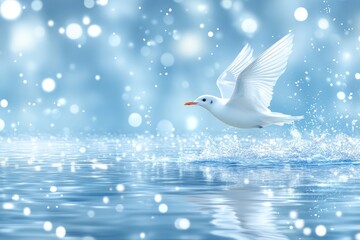 White bird soars above glistening water, a celestial dance of light and reflection creating serene scene
