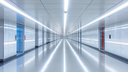 Bright, white corridor with tile walls and reflective floor, extending into the distance