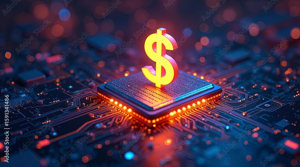 Aufkleber close-up 3d render image of a glowing cpu chip on a motherboard with a sign or icon of dollar and re