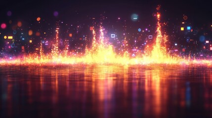 Dazzling display of vibrant colors, shimmering lights, and energetic sparks reflected on a reflective surface