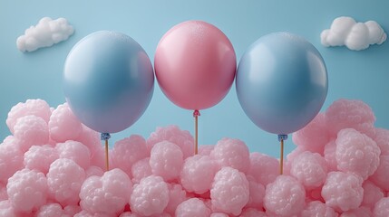 Three balloons in sky with clouds, on a fluffy bed of pink sweetness. Dreamy, soft, and sweet