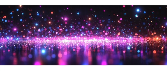Blurred, shimmering lights of various colors against a dark background create a festive, dreamy feel