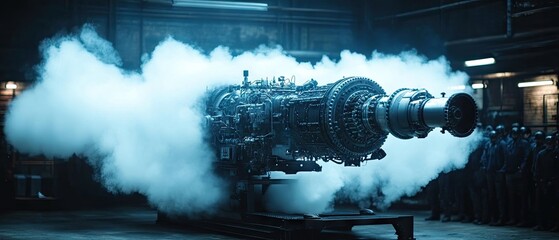 Powerful industrial engine shrouded in vapor, technicians observing in a factory
