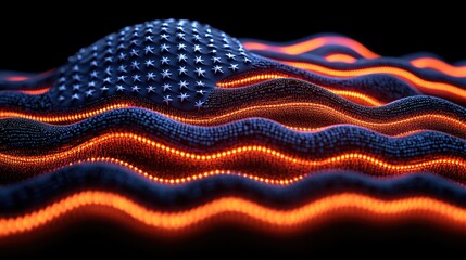 A textured surface displays a dark blue field of stars over glowing, wavy red stripes