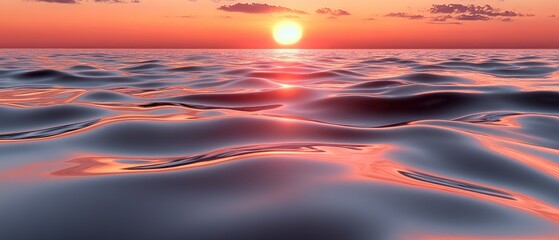 Serene sea view with gentle waves at sunset, sky brightens. Ocean reflects the sun's glow