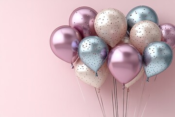 Bunch of shiny, light pink, and blue balloons with confetti on a light pink backdrop